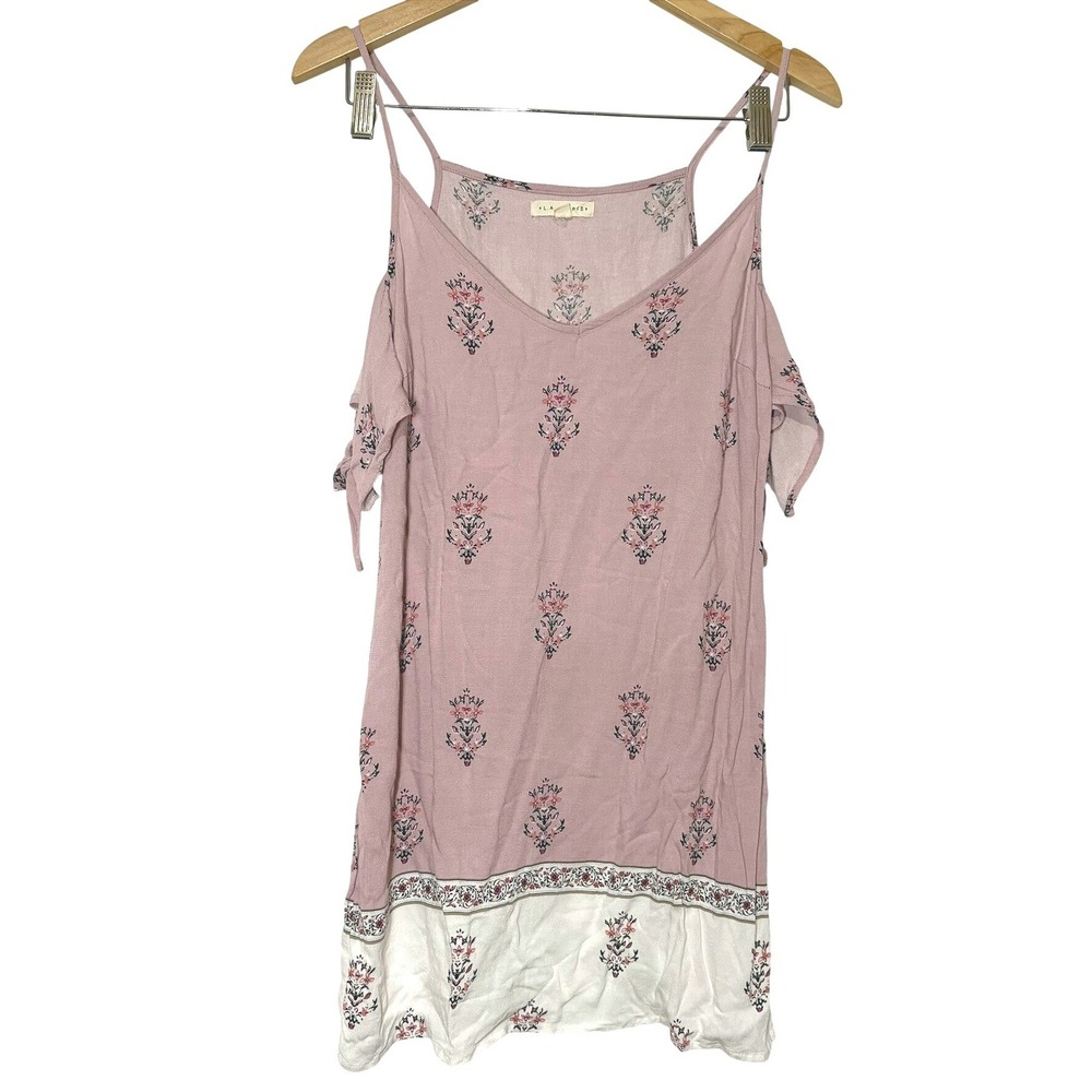 LA‎ Hearts Pink Floral Cold Shoulder Mini Dress Boho Tie Sleeve Small
